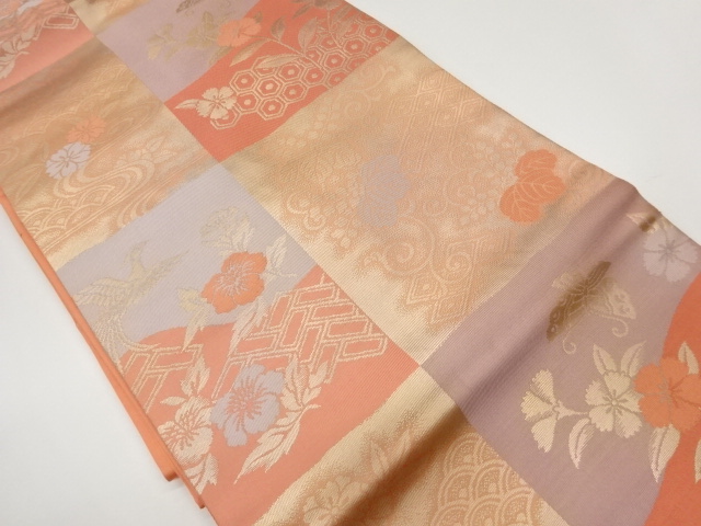 色紙に蝶・流水・花葉模様織出し名古屋帯